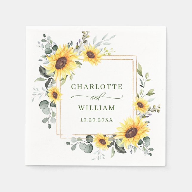 Elegant Sunflowers Eucalyptus Greenery Wedding Napkin (Front)