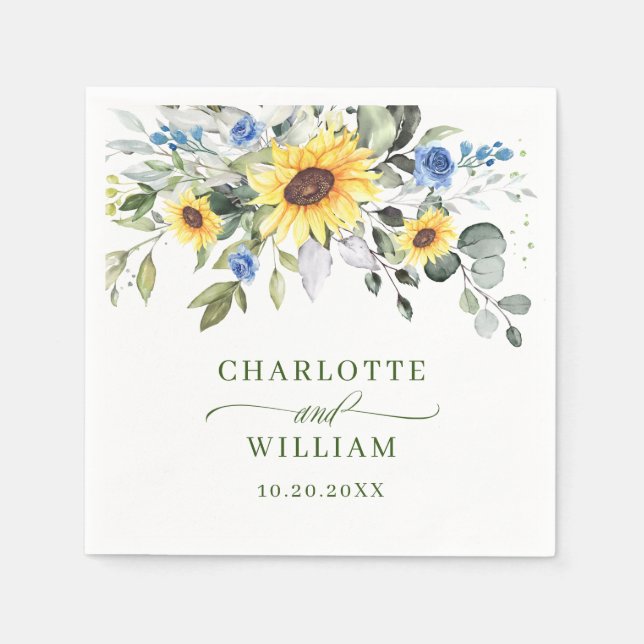 Elegant Sunflowers Eucalyptus Greenery Wedding Napkin (Front)