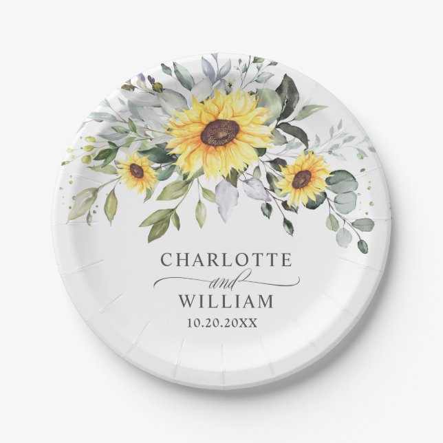 Elegant Sunflowers Eucalyptus Greenery Wedding Paper Plate (Front)