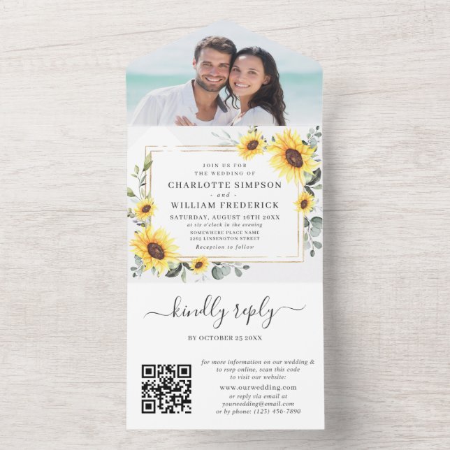 Elegant Sunflowers Eucalyptus Greenery Wedding QR All In One Invitation (Inside)