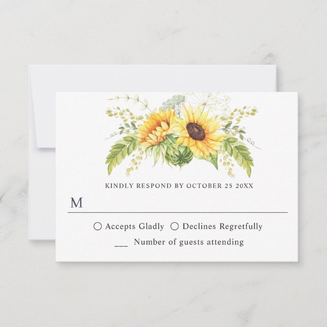 Elegant Sunflowers Eucalyptus Greenery Wedding RSVP Card (Front)