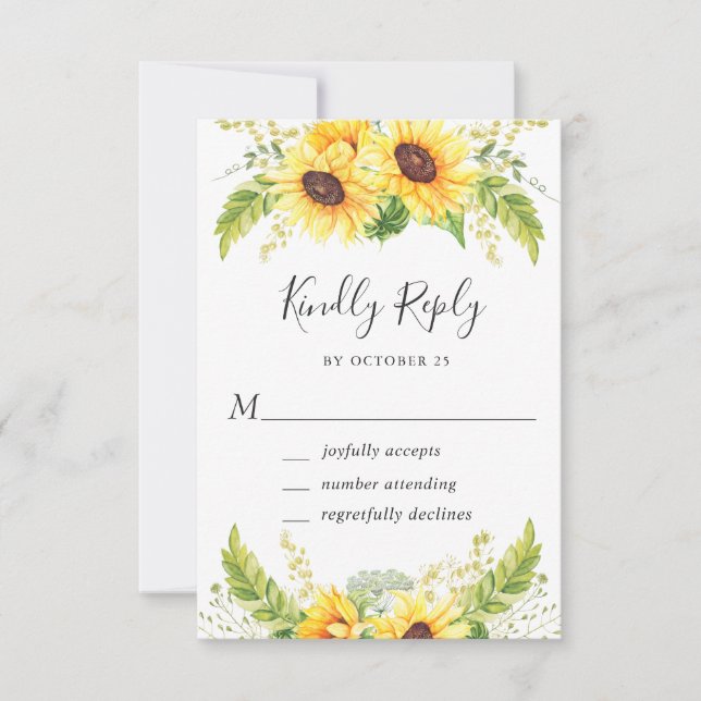 Elegant Sunflowers Eucalyptus Greenery Wedding RSVP Card (Front)