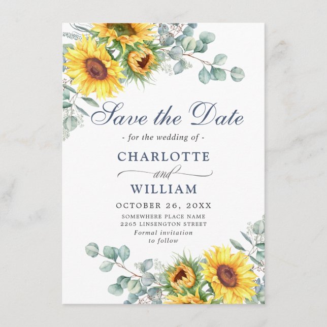 Elegant Sunflowers Eucalyptus Greenery Wedding Save The Date (Front)