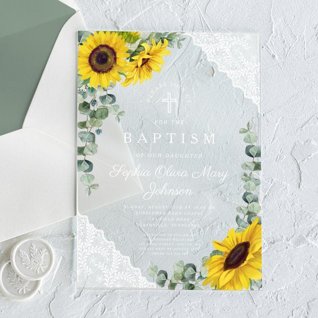 Elegant Sunflowers Eucalyptus Lace Girl Baptism Acrylic Invitations (Elegant Sunflowers Eucalyptus Lace Girl Baptism Acrylic Invitations)
