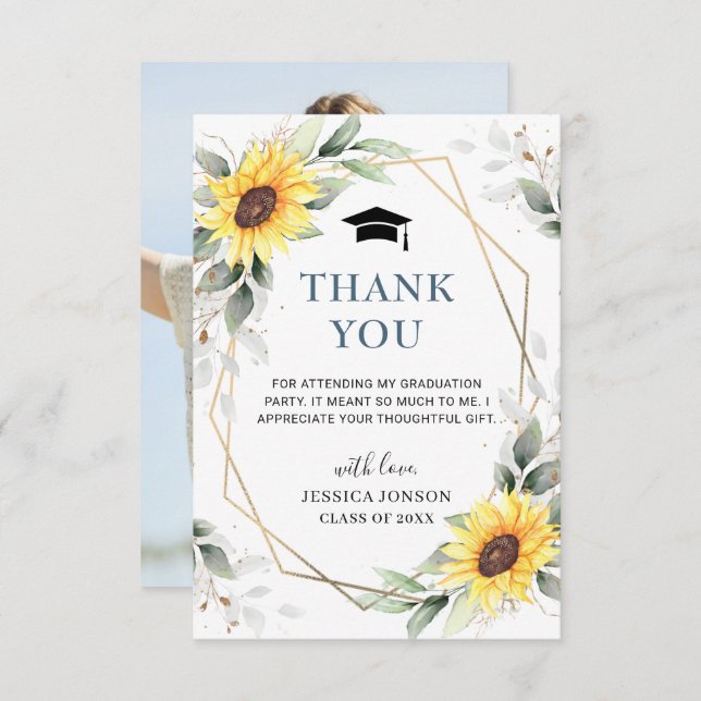 Elegant Sunflowers Eucalyptus Photo Graduation Thank You Card (Front/Back)