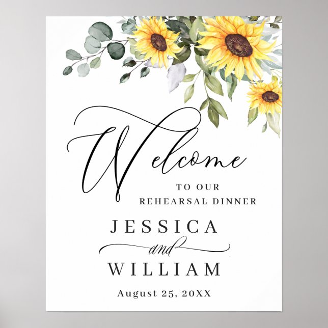 Elegant Sunflowers Eucalyptus Rehearsal Dinner Poster (Front)