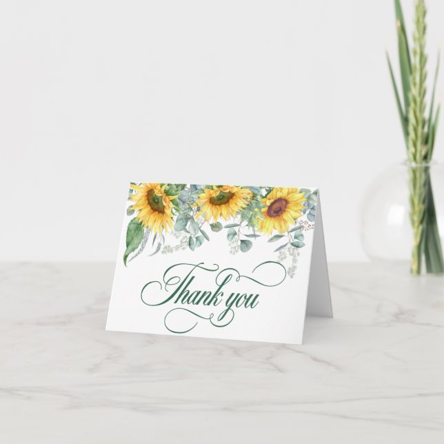 Elegant Sunflowers Eucalyptus Rustic Wedding Thank You Card (Front)