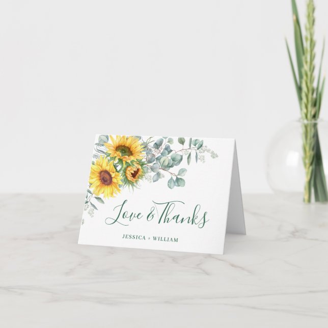 Elegant Sunflowers Eucalyptus Rustic Wedding Thank You Card (Front)