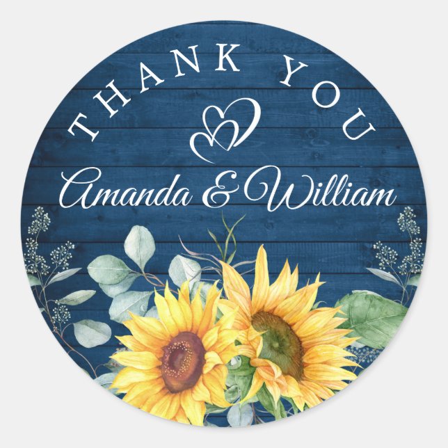 Elegant Sunflowers Eucalyptus Rustic Wood Wedding  Classic Round Sticker (Front)