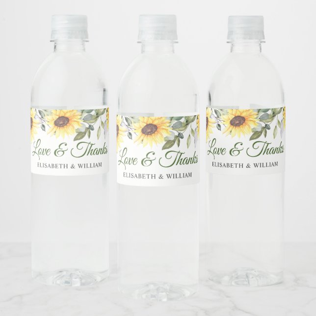 Elegant Sunflowers Eucalyptus Watercolor Greenery Water Bottle Label (Bottles)