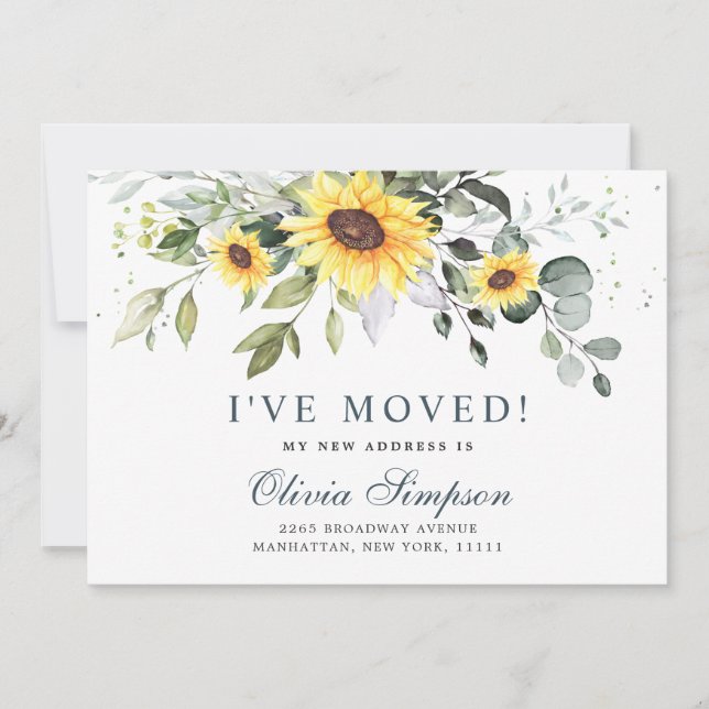 Elegant Sunflowers Eucalyptus Watercolor Moving Announcement (Front)
