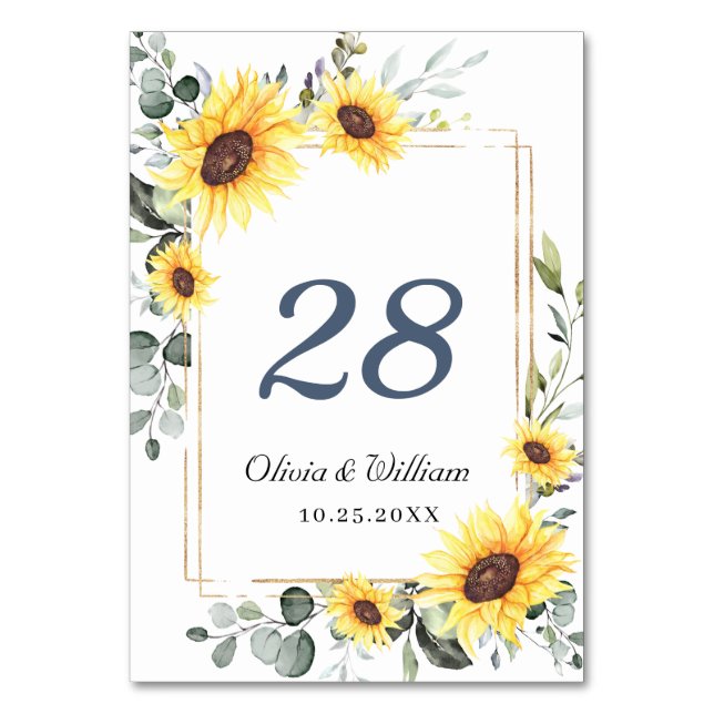 Elegant Sunflowers Eucalyptus Watercolor Wedding T Table Number (Front)