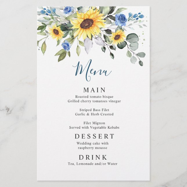 Elegant Sunflowers Eucalyptus Wedding Dinner Menu (Front)