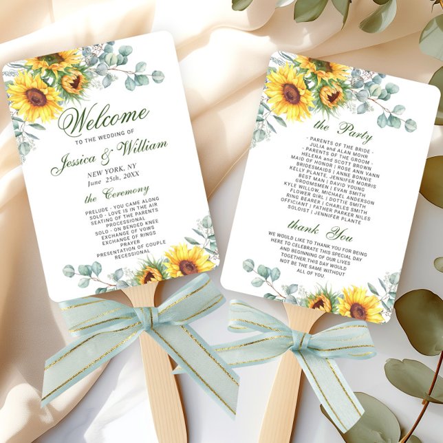 Elegant Sunflowers Eucalyptus Wedding Program Hand Fan (Creator Uploaded)