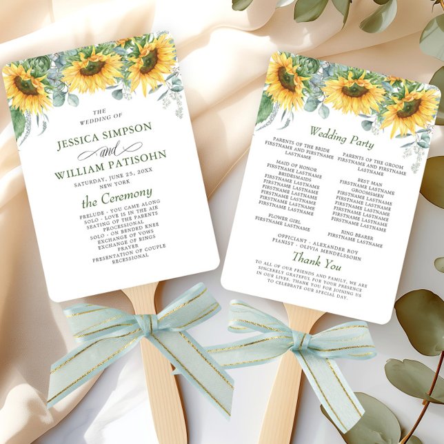 Elegant Sunflowers Eucalyptus Wedding Program Hand Fan (Creator Uploaded)