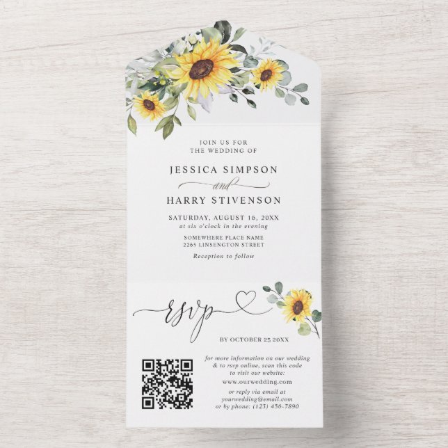 Elegant Sunflowers Eucalyptus Wedding QR code All In One Invitation (Inside)