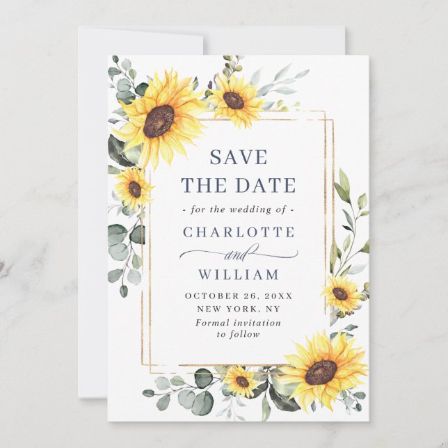 Elegant Sunflowers Eucalyptus Wedding QR Code Save The Date (Front)