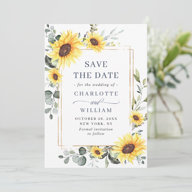 Elegant Sunflowers Eucalyptus Wedding QR Code Save The Date (Standing Front)
