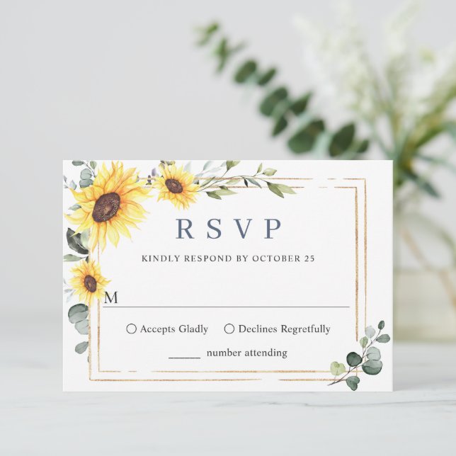 Elegant Sunflowers Eucalyptus Wedding RSVP Card (Standing Front)