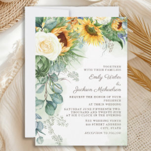Elegant Sunflowers Eucalyptus White Roses Wedding Invitation