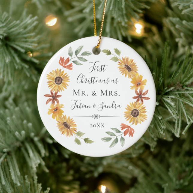 Elegant Sunflowers First Christmas As Mr & Mrs Ceramic Ornament (Tree)