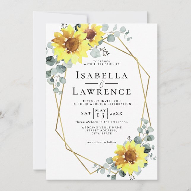 Elegant Sunflowers Floral Gold Geometric Wedding I Invitation (Front)
