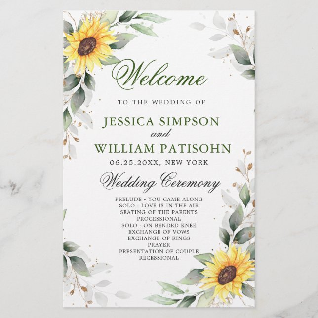 Elegant Sunflowers Floral Wedding Ceremony Program (Front)