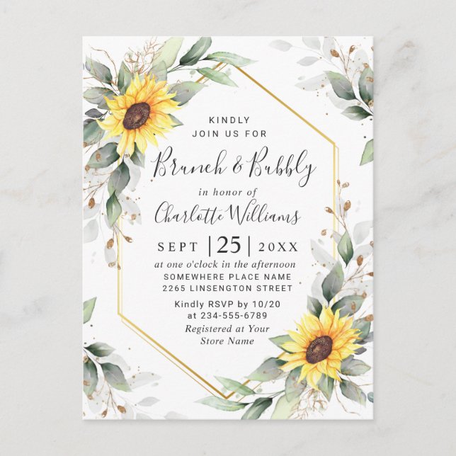 Elegant Sunflowers Golden Greenery Brunch & Bubbly Postcard (Front)