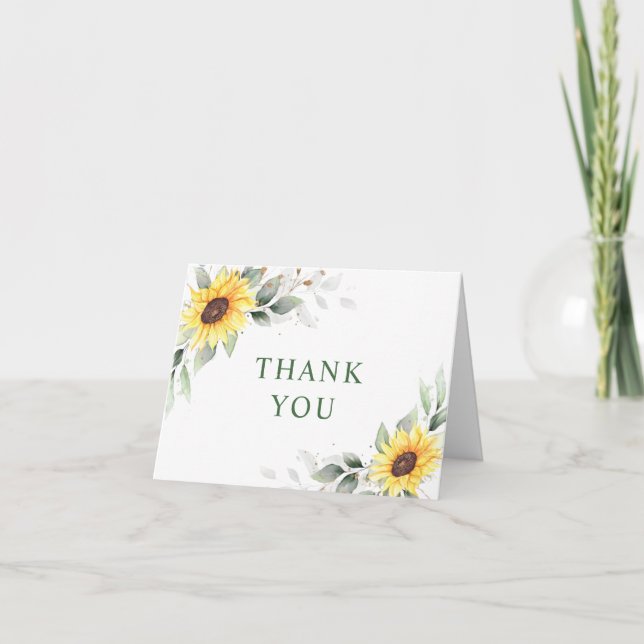 Elegant Sunflowers Greenery Floral Thank You Card (Front)