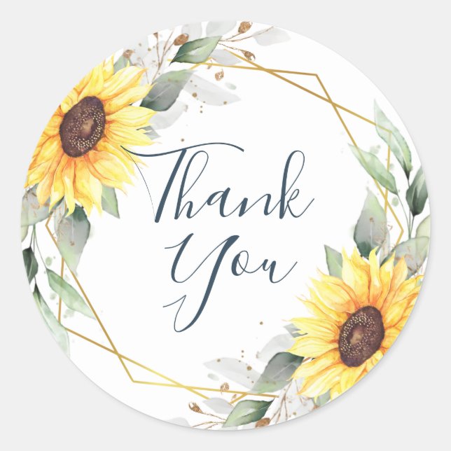 Elegant Sunflowers Greenery Floral THANK YOU Classic Round Sticker (Front)