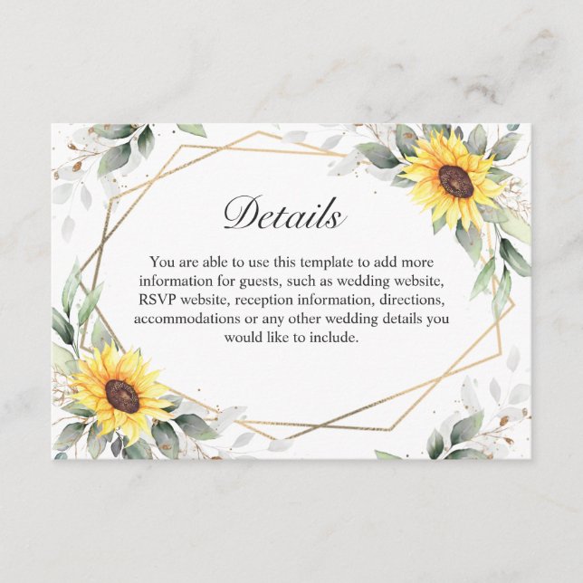 Elegant Sunflowers Greenery Floral Wedding Details Enclosure Card (Front)