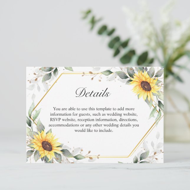 Elegant Sunflowers Greenery Floral Wedding Details Enclosure Card (Standing Front)