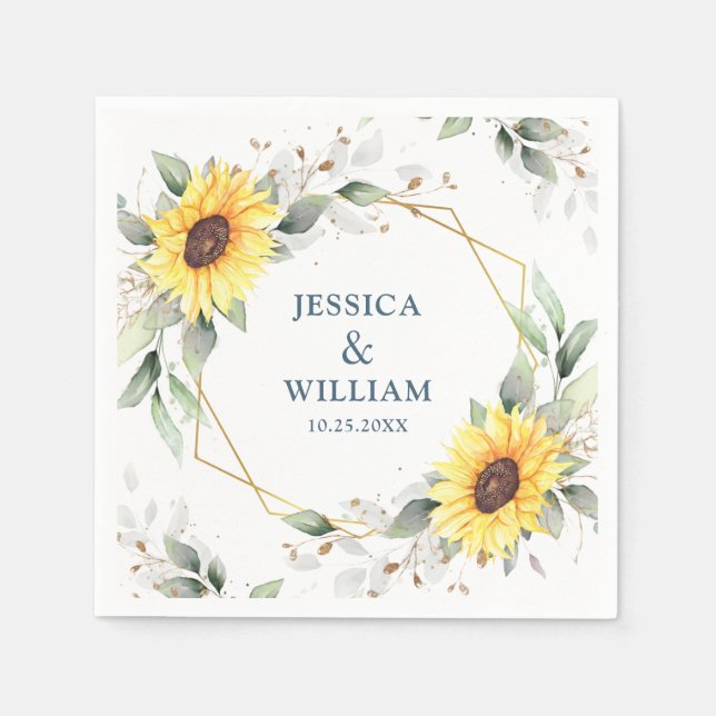 Elegant Sunflowers Greenery Floral Wedding Paper Napkin (Front)