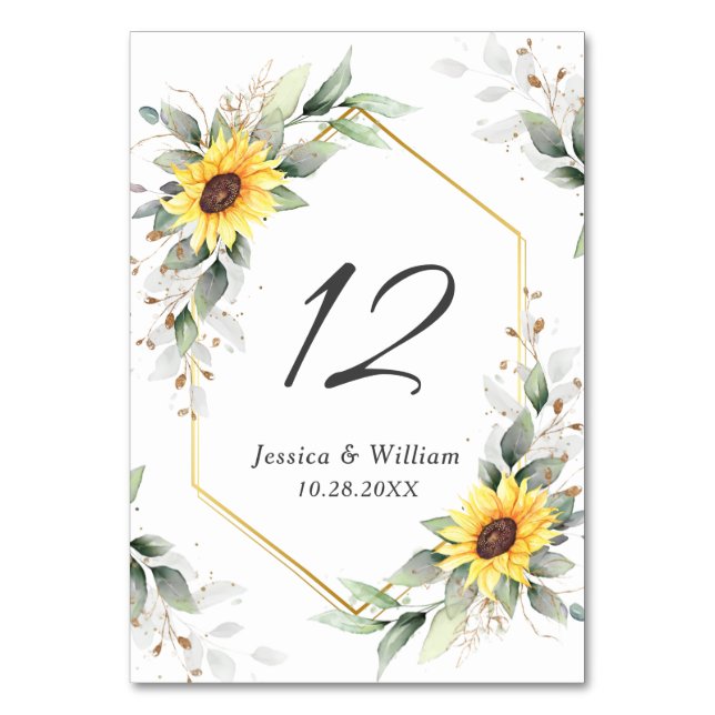 Elegant Sunflowers Greenery Floral Wedding Table Number (Front)