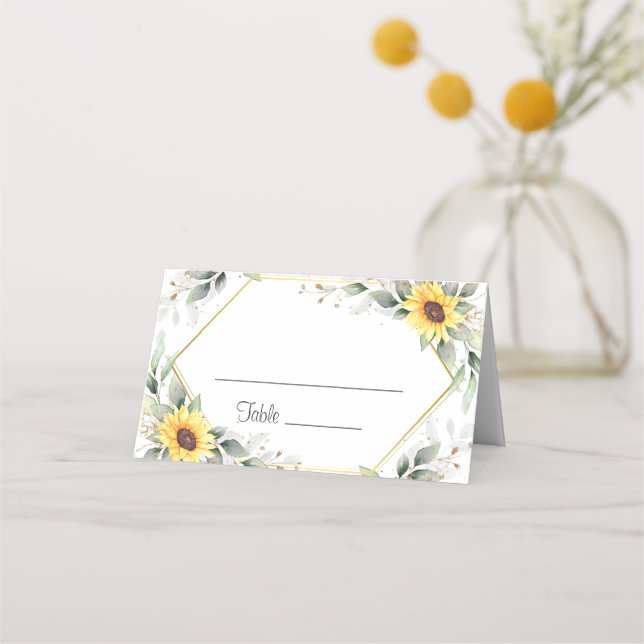 Elegant Sunflowers Greenery Floral Wedding Table Place Card (Front)