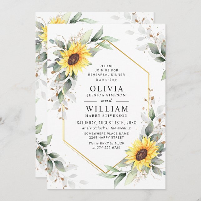 Elegant Sunflowers Greenery Rehearsal Dinner Invitation (Front/Back)