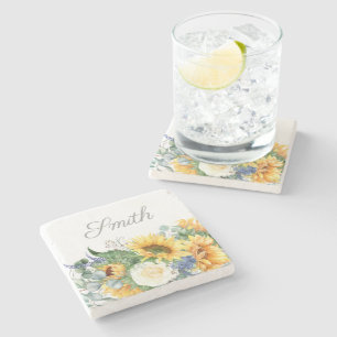 Elegant Sunflowers Greenery Script Name  Stone Coaster