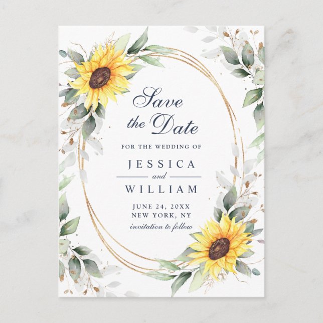 Elegant Sunflowers Greenery Wedding Save the Date Postcard (Front)