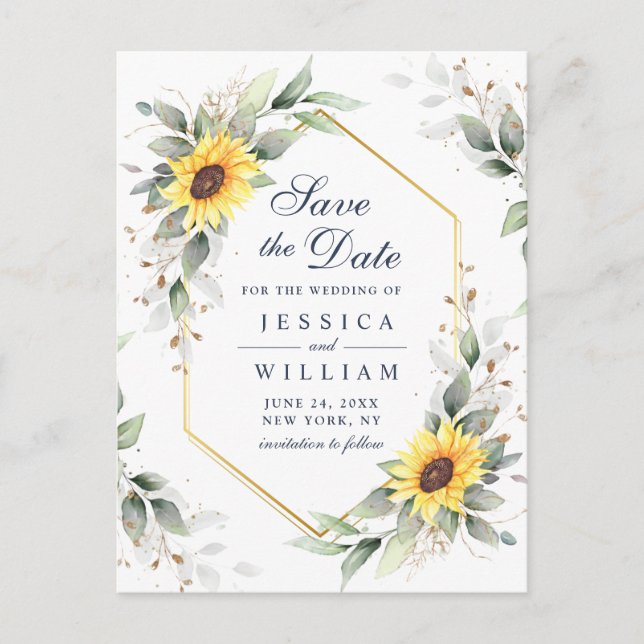 Elegant Sunflowers Greenery Wedding Save the Date Postcard (Front)