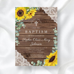 Elegant Sunflowers Lace Wood Cross Baptism Invitation