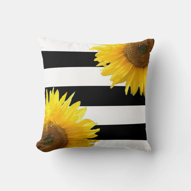 Elegant Sunflowers on Black & White Striped Cushion (Front)