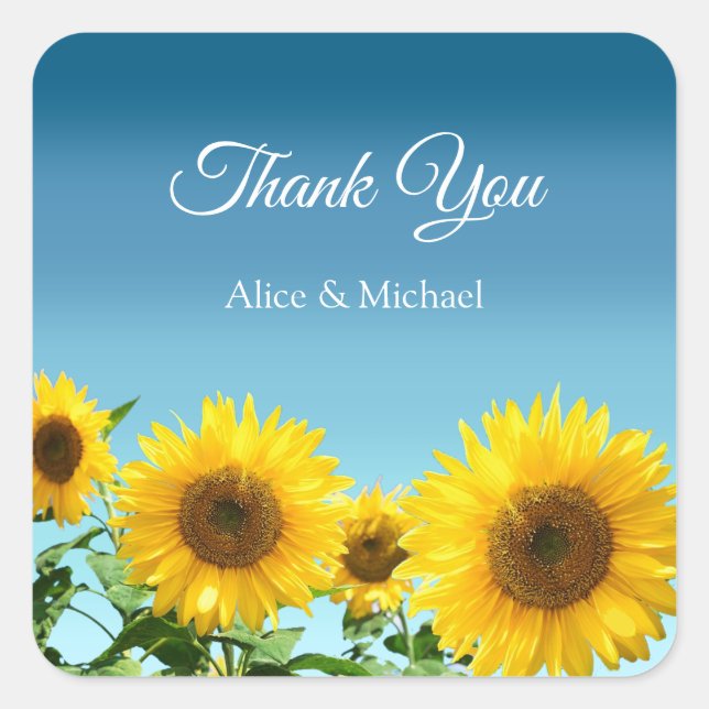 Elegant Sunflowers on Sky Blue Thank You Square Sticker (Front)