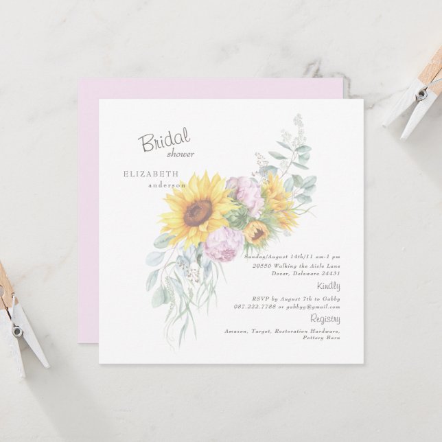 Elegant Sunflowers Pink Peony Bridal Square Invita Invitation (Front/Back In Situ)