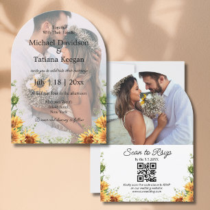 elegant sunflowers qr code 2 photos arch wedding  invitation