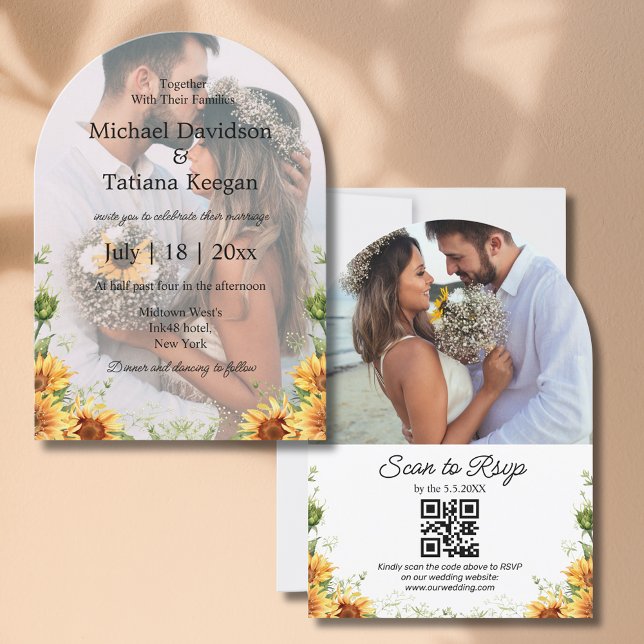 elegant sunflowers qr code 2 photos arch wedding  invitation (Creator Uploaded)