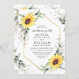 Elegant Sunflowers Watercolor Greenery Wedding Invitation