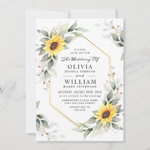 Elegant Sunflowers Watercolor Greenery Wedding Invitation