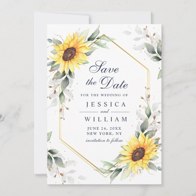 Elegant Sunflowers Watercolor Greenery Wedding  Save The Date (Front)