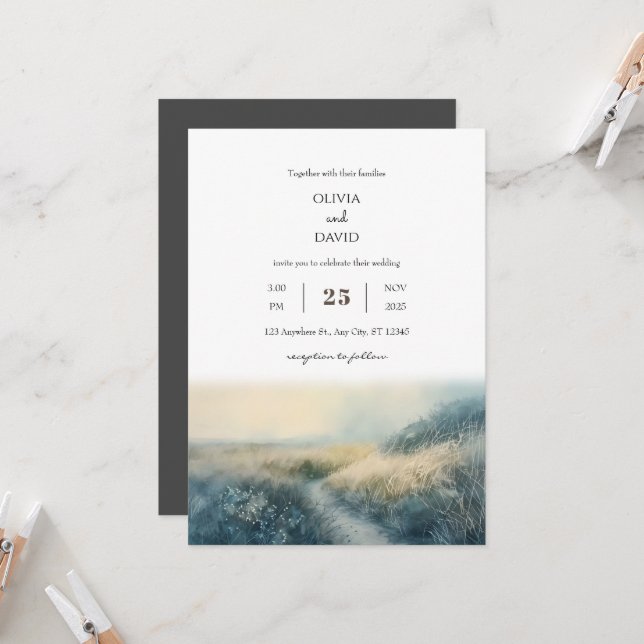 Elegant Sunrise Misty Coastal Path Beach Wedding Invitation (Front/Back In Situ)