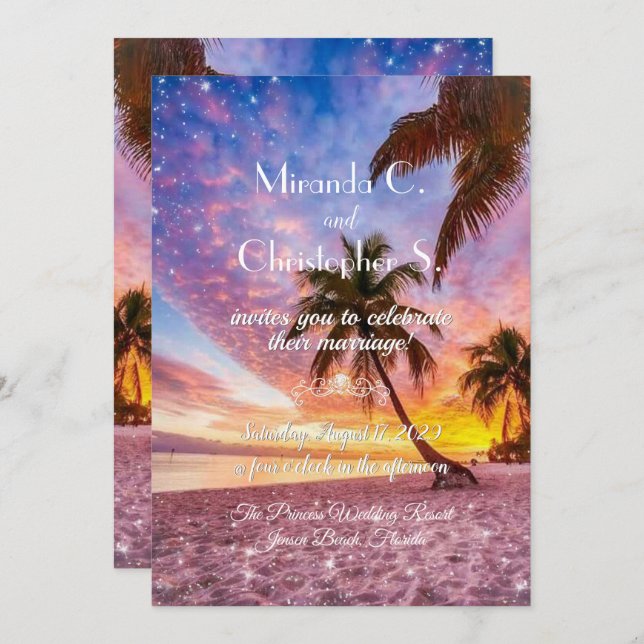 Elegant Sunset Beach and Stars Summer Wedding Invitation (Front/Back)